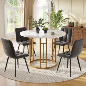 Ensemble Table de Salle &agrave; Manger Ronde 80 cm avec 4 Chaises - Pieds M&eacute;talliques Dor&eacute;s Chaise de Cuisine Grise