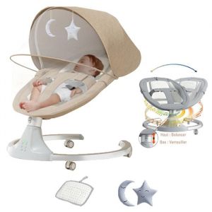 Transat bebe - Balancelle electrique - Magic ZC - T&eacute;l&eacute;commande Lecture musicale Fonction minuterie Moustiquaire Jusqu&agrave; 15 kg Kaki