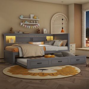 Lit banquette 90 &times; 200 cm avec LED lit gigogne portes coulissantes prises et USB panneaux de particules gris Sans matelas