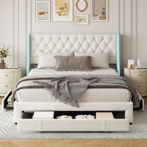 Lit double 160x200 cm Avec LED et 3 tiroir lit Queen 160x200 cm avec sommier à lattes  Lit 160x200 cm lit adulte 2 places