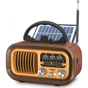 Poste Radio Vintage - PRUNUS - J-150 - AM/FM/SW - Bluetooth - Batterie 1200 mAh - Panneau Solaire