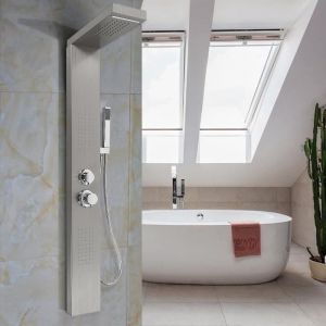 KEKE-Panneau Colonne de Douche en Acier Inox Mitigeur Douche &agrave; Main System Ensemble pour Salle de Bain 15*47*130cm Gris bross&eacute;