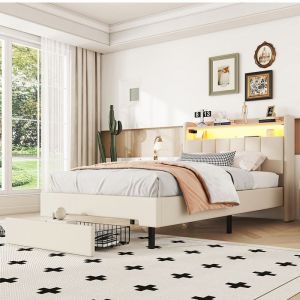 Lit adulte Lit 90x200 cm - avec tiroir lit capitonné lampe chauffante LED tiroir de rangement intégré - SWEIKO - Beige