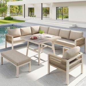 Ensemble salon de jardin tress&eacute;s &agrave; la main en forme 8 places pouvant accueillir jusqu&agrave; avec coussins avec une table et 1 fauteuil