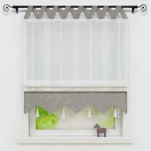 Rideau Voilage Store bateau Romain Passe Tringle avec Frange à Pompon Gris L/H 80x140cm Décor Chambre Cuisine Salle de Bain