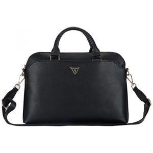 Guess Sacoche pour ordinateur portable 15 avec poche zippée grainée et logo triangulaire (noir)