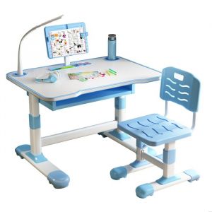 Bureau Enfant en métal - BIPLUT - Hauteur réglable - étagère de lecture inclinable - 3-18 ans - BLEU - 73*70*46CM