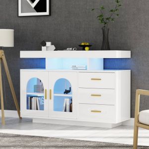 Buffet de Salon &agrave; LED Lumi&egrave;re Armoire Cuisine avec Tiroirs et Portes Blanc Haut Brillanc Meuble Blanc#120 x 40 x 80 cm#Buffet