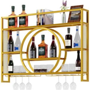 GOOBUY Porte-Verre &agrave; Vin en M&eacute;tal 120cm Porte Bouteille Mural Casier &agrave; Vin avec Lumi&egrave;re Range Bouteille Vin 120x15x80cm Or
