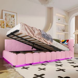 Lit banquette coffre 140&times;200 cm LED hydraulique interface USB+Type-C Imitation cachemire rose sans matelas