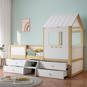 Lit denfant 90x200cm lit combiné avec tiroirs de rangement et escalier lit denfant avec barrière anti-chute blanc+naturel