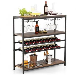 COSTWAY &Eacute;tag&egrave;re/Casier &agrave; Vin 22 Bouteilles Porte-Bouteille avec 4 Porte-Verres Style Industriel Pr&eacute;sentoir &agrave; Vin pour Cave Cuisine