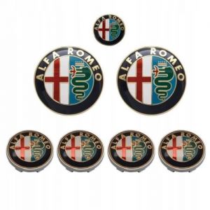KIT 7 Insigne Logo Emblème Alfa Romeo doré Capot 74mm + Coffre 74mm +Volant 40mm + Caches Moyeu 4 x 60mm