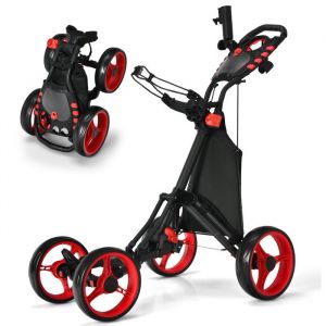 Chariot de Golf 4 Roues Pliable &agrave; Pousser ou &agrave; Tirer COSTWAY-Sac Imperm&eacute;able-Frein &agrave; Pied-Porte-ParapluiePoign&eacute;e-Rouge