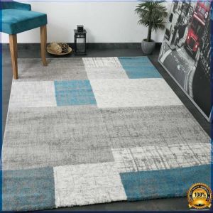 Tapis de Salon - VIMODA - 80x150 cm - Gris Blanc Turquoise - Carré - Moderne