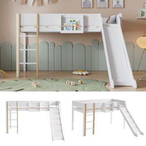 Lit Superpos&eacute; Enfant avec Toboggan - &Eacute;chelle 3 Marches + &Eacute;tag&egrave;re Amovible  Pin & MDF  Blanc/Naturel  90x200cm  EN747 Certifi&eacute;