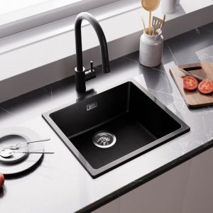Évier 1 Bac 50x44x20CM Évier de Cuisine Noir en Granit avec Ensemble de Drainage Évier sous plan pour Armoire de 50 cm