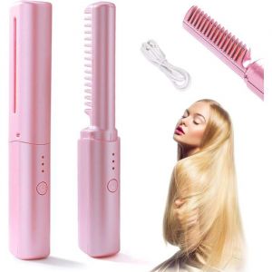 Lisseur Sans fil2 en 1 Brosse &agrave; Lisser Chaude RechargeableLisseurs Voyage PortablesMini fer &agrave; Lisser Sans filMini BrosseRose