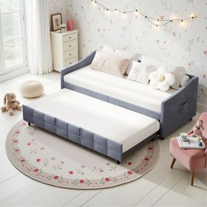 Lit Banquette Gigogne - Nov&eacute;lys - 90x200cm - Canap&eacute;-lit Extensible avec Tiroir-lit Poches de Rangement - Velours Gris