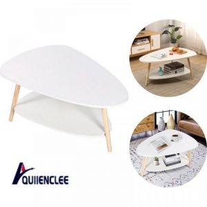 QUIIENCLEE Table basse ovale blanche style scandinave moderne et minimaliste double rangement base en bois pour petit salon