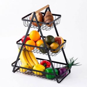 Corbeille a fruit Porte-fruits en Métal 3 Niveaux Panier de Fruits et Legumes Détachable Rangement Cuisine Maison Bureau-Noir