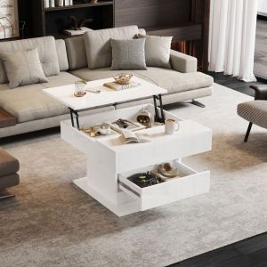 Table basse relevable 70 x 70 x 45 cm plateau 360° pivotant 1 tiroir + rangement caché laqué blanc panneau de particules