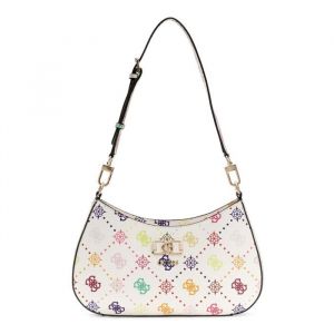GUESS Sac &agrave; &eacute;paule blanc jaune pour femme - Emelie Logo Top Zip Shoulder Bag Multi Logo 338055
