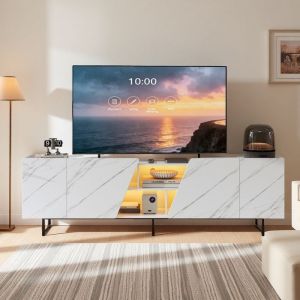 Meuble TV LED - 220cm - Support pour TV 85-95 Pouces 4 Portes et Rangement Ouvert Table T&eacute;l&eacute; avec Motif marbre pour Salon Blanc