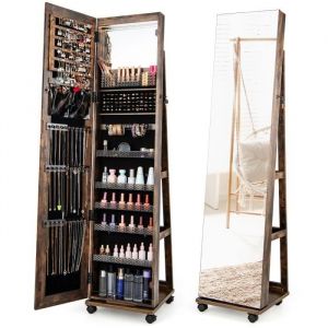 COSTWAY 3 en 1 Armoire à Bijoux LED sur Roulettes - Miroir Psyché sans Cadre - Étagères Réglables - Verrouillable - Industriel