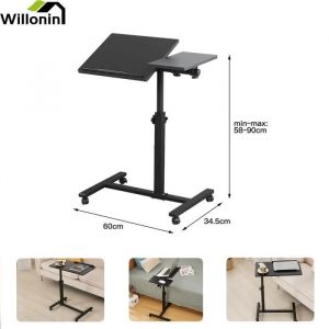 Willonin® Table dappoint pour ordinateur portable Support inclinable à roulettes Hauteur réglable 58-90cm Noir plateau