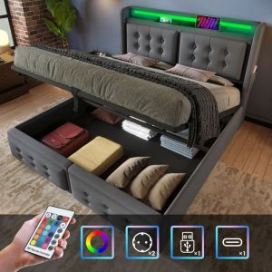 Lit coffre 140x200 Lit double avec tête de lit LED et USB C  Lit hydraulique  Capacité de charge 300 kgGrisSans matelas