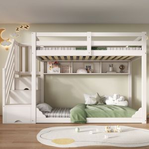 Lit superpos&eacute; enfant 90x200 cm avec armoire escalier et rangements barri&egrave;res de s&eacute;curit&eacute; bois blanc