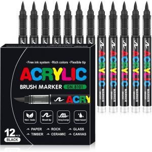 12 feutres acrylique noir marqueur acrylique - Liquide direct pour coloriage calligraphie - Bois pierre toile c&eacute;ramique artistique