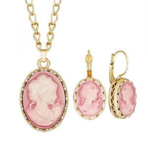 Ensemble De Bijoux - Vintage - Camée Rose - Collier Et Boucles Doreilles - Femme - Adulte