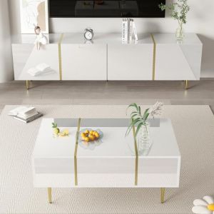 Ensemble meuble TV et table basse - Blanc laqué - Design moderne - 4 portes - 2 tiroirs - Contemporain