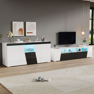 Buffet - Meuble TV mural 180 x 385 x 45cm pour salon MDF laqu&eacute; blanc/noir LED contr&ocirc;lable par app