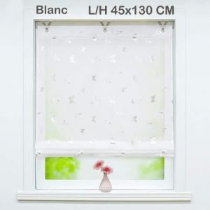 Store enrouleur bateau rideau romain courts voilage fenetre de salon avec suspension &agrave; crochet motif papillon Blanc L-H 45x130 CM