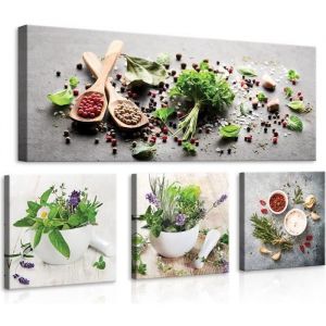 Impression sur Toile 4 parties Cuisine Herbes 80x55 cm XXL Tableau Décoration Murale Intissée pour Salon Chambre pret a accroche