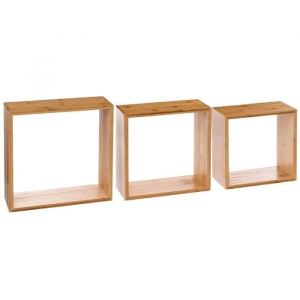 Lot de 3 &eacute;tag&egrave;res murales forme carr&eacute;e en bambou coloris naturel - Longueur 25-20-15 x Profondeur 9-9-9 x Hauteur 25-20-15 cm
