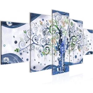 Tableau D&eacute;coration Murale 200x100 cm Runa art 003051b Gustav Klimt Arbre de Vie - 5 Panneaux Deco Toile Pr&ecirc;t &agrave; Accrocher - Bleu