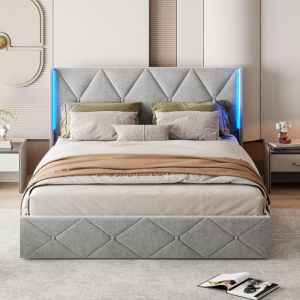 Lit coffre 140x190 cm Lit adulte avec sommier à lattes et coffre de rangement Lit double Tête de lit avec LED Tissu Velours Gris