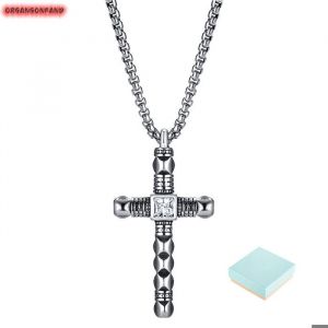 Bijoux Collier Hommes-Collier en acier inoxydable avec pendentif en forme de croix orn&eacute;e de zirconium blanc