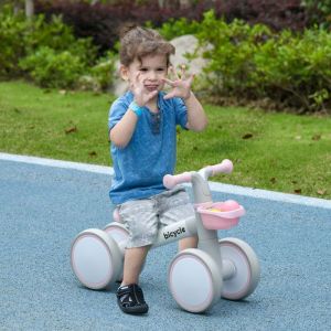 Draisienne v&eacute;lo Enfant 4 roues selle r&eacute;glable guidon ergonomique alliage alu. PP enfant 1 &agrave; 3 ans - Gris Blanc Rose