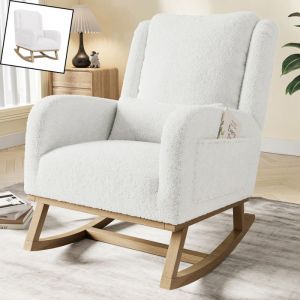 Fauteuil a Bascule Blanc - Coussin Lombaire Inclus -2 Poches Lat&eacute;rales - Pieds Bois Massif - Style Scandinave - 1 Place