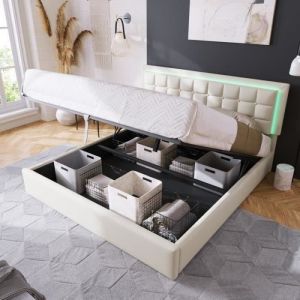 Lit coffre pour adulte 160x200 cm avec LED en similicuir blanc Grand espace de rangement Sommier à lattes en bois massif Moderne