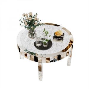 Table Basse Ronde Verre: Table de Salon en Miroir Argente avec Diamant Bout de Canapé Design Moderne pour Salon - 80x80x46.5cm