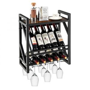 COSTWAY Étagère à vin Murale Industrielle pour 10 Bouteilles avec Porte-Verre à Pied Casier à Bouteilles 3 Niveaux pour Cuisine Bar