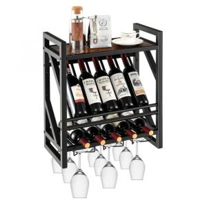 COSTWAY Étagère à vin Murale Industrielle pour 10 Bouteilles avec Porte-Verre à Pied, Casier à Bouteilles 3 Niveaux pour Cuisine Bar