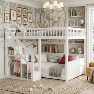 Lit Mezzanine 90x200cm - Escalier avec Rangements - Barri&egrave;re Haute de S&eacute;curit&eacute; - Bois Massif Blanc