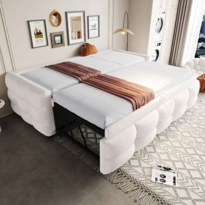 Lit capitonné Lit gigogne Canapé-lit pliant 90/180 x 190 cm Lit double Teddy polaire avec sommier à lattes - beige